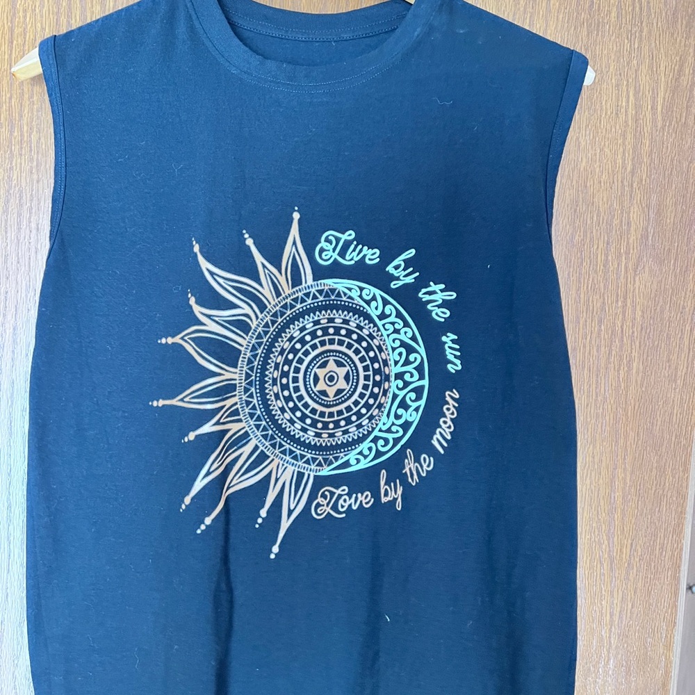 Sleeveless Graphic Tee - Black with Sun & Moon Print